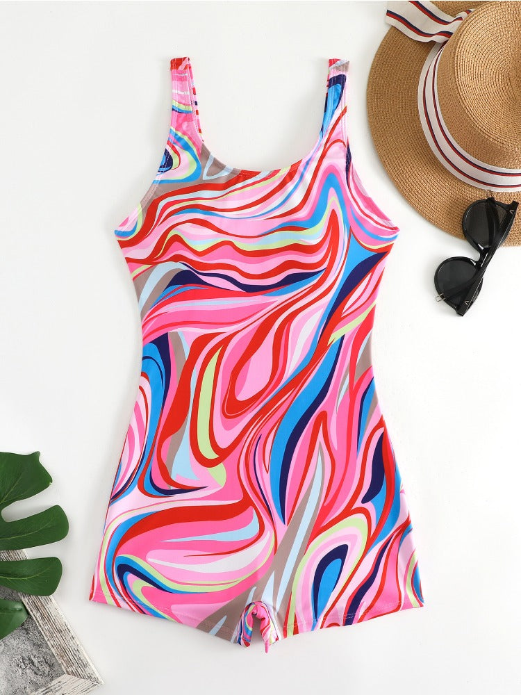 Wavy Round Neck One-Piece Swimsuit For Women Sleeveless Beach Swimwear
