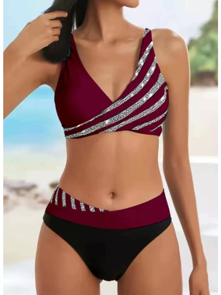 Color-Block Triangle Striped Sexy Bikini