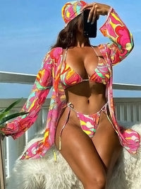 Sheer Mesh Bikini Set With Floral Skirt - Three-Piece Design