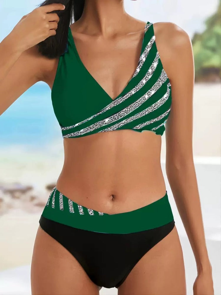 Color-Block Triangle Striped Sexy Bikini