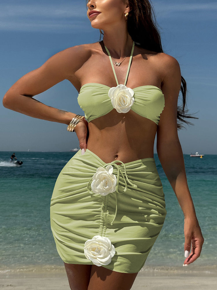 Sexy Rose Print Halter Three-Piece Swimsuit Bikini