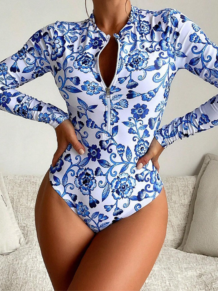 Floral Print Long-Sleeve One-Piece Swimsuit For Women Zipper Slimming Bikini