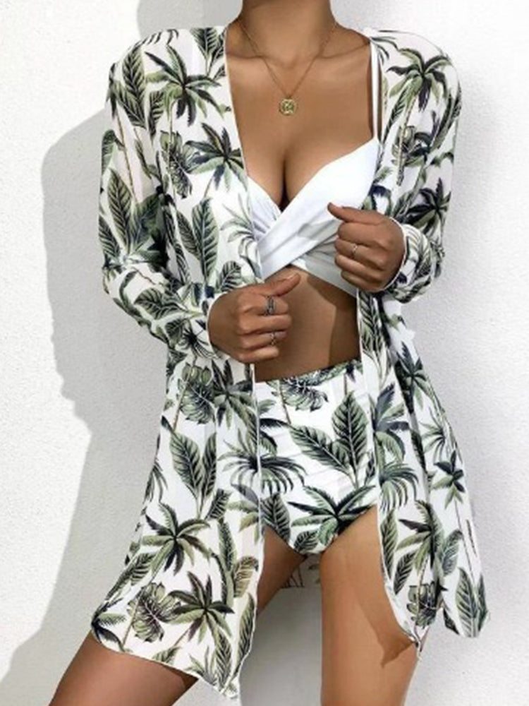 Sun Protection Bikini Set With Cover-Up - Floral Print