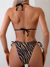 Retro Zebra Print Tie-back Bikini Split Swimwear