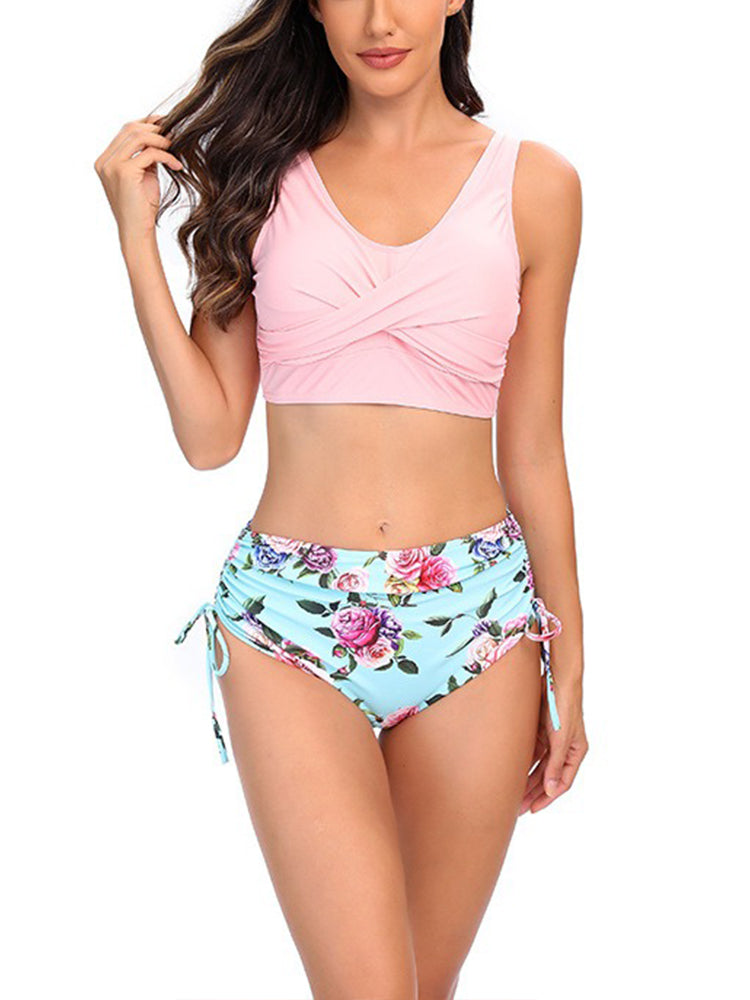 Solid Color Floral Print High-Waisted Swimsuit For Women Sexy Bikini