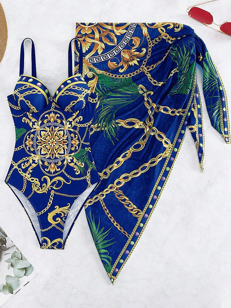 Slimming Floral Print Backless One-Piece Bikini Set with Cover Ups