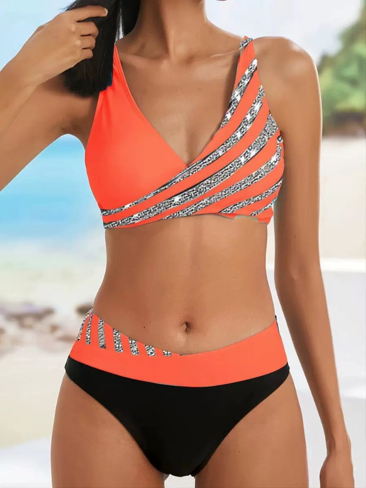 Color-Block Triangle Striped Sexy Bikini