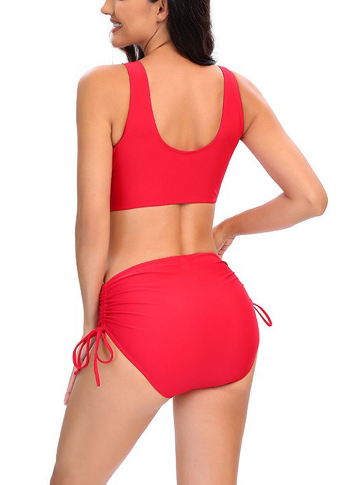 Solid Color Floral Print High-Waisted Swimsuit For Women Sexy Bikini
