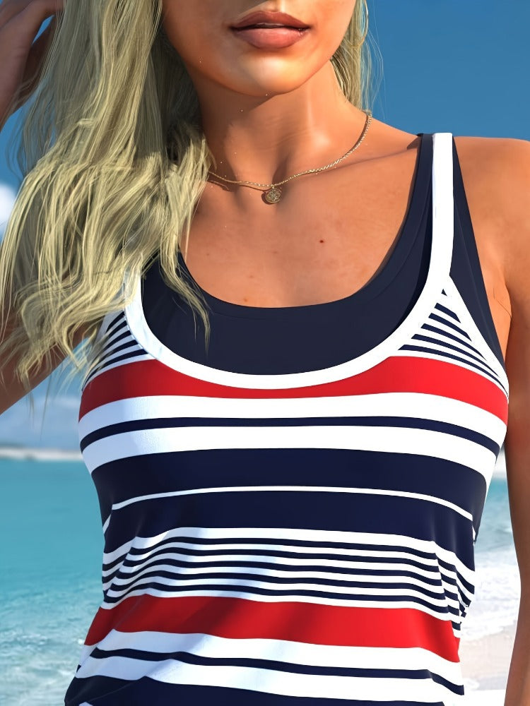 Striped Two-Piece Swimsuit For Women Sexy Slim Fit Skirt Bikini