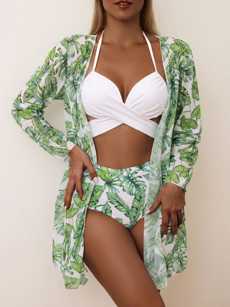 Printed Green Leaf Bikini Cover-up Sunscreen Swimwear