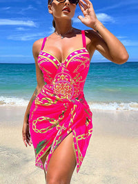 Slimming Floral Print Backless One-Piece Bikini Set with Cover Ups