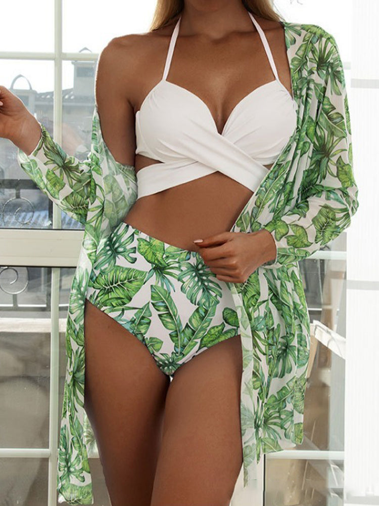 Printed Green Leaf Bikini Cover-up Sunscreen Swimwear