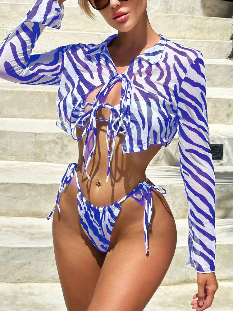 Sexy Striped Print Shirt Collar Mesh Three-Piece Bikini Swimwear