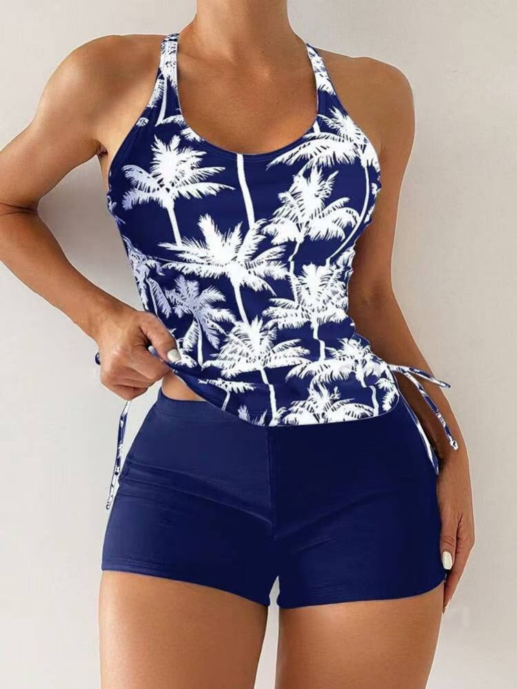 Palm Print Tie-Front Tankinis Conservative Swimsuit For Women