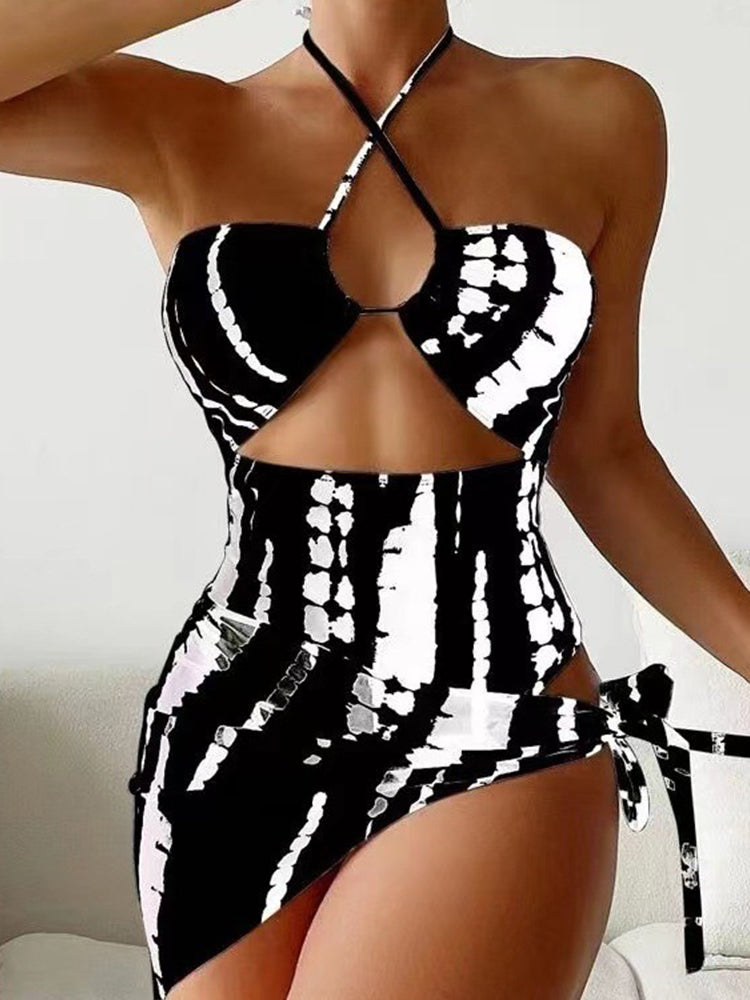 Two-Piece Mesh Tie-Dye Print Halter Swimsuit For Women