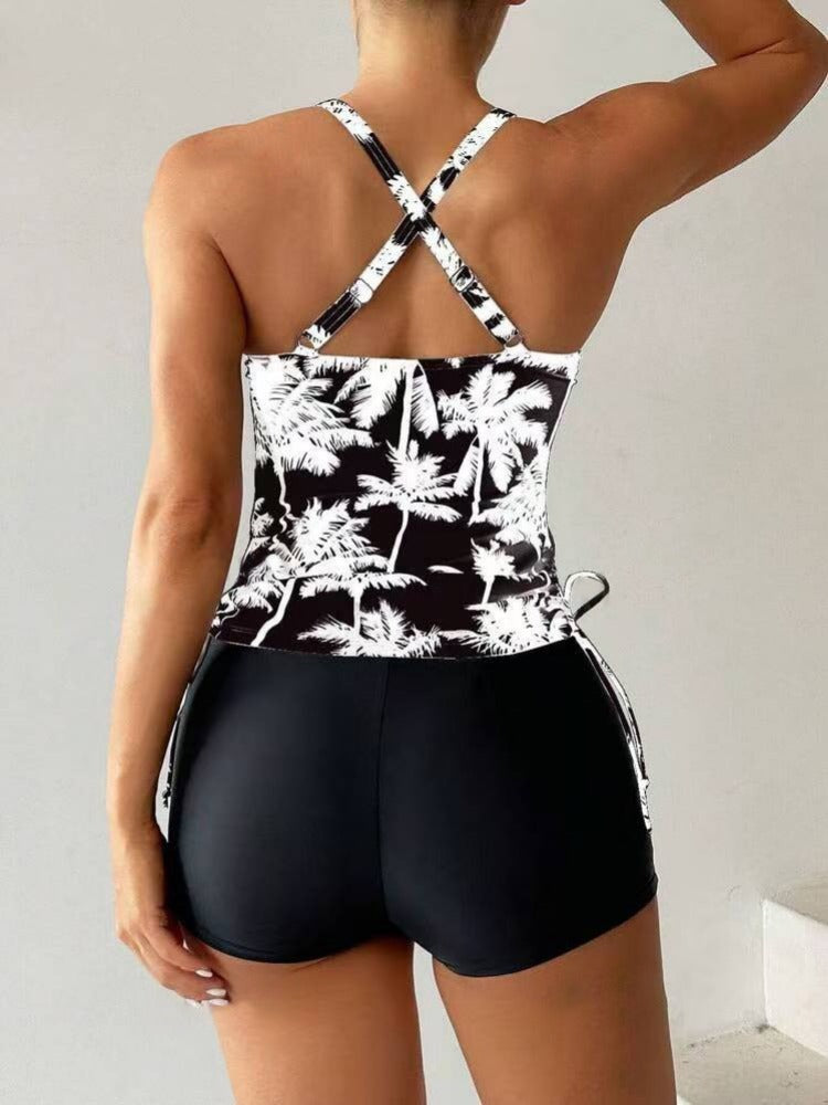 Palm Print Tie-Front Tankinis Conservative Swimsuit For Women