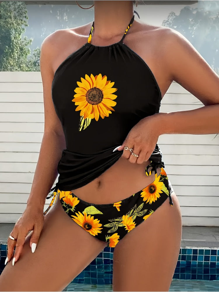 Halter Neck Floral Print High-Waisted Drawstring Slimming Bikini Swimwear