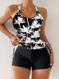 Palm Print Tie-Front Tankinis Conservative Swimsuit For Women