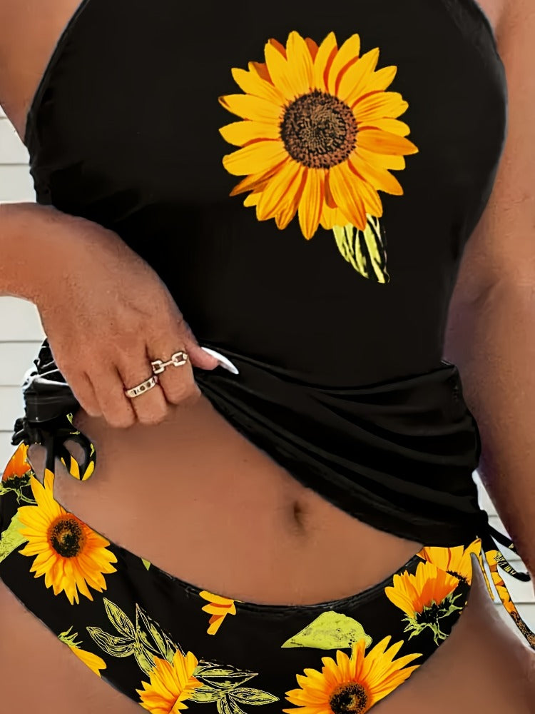 Slimming Floral Halter Neck Tankini With Lace-Up Design