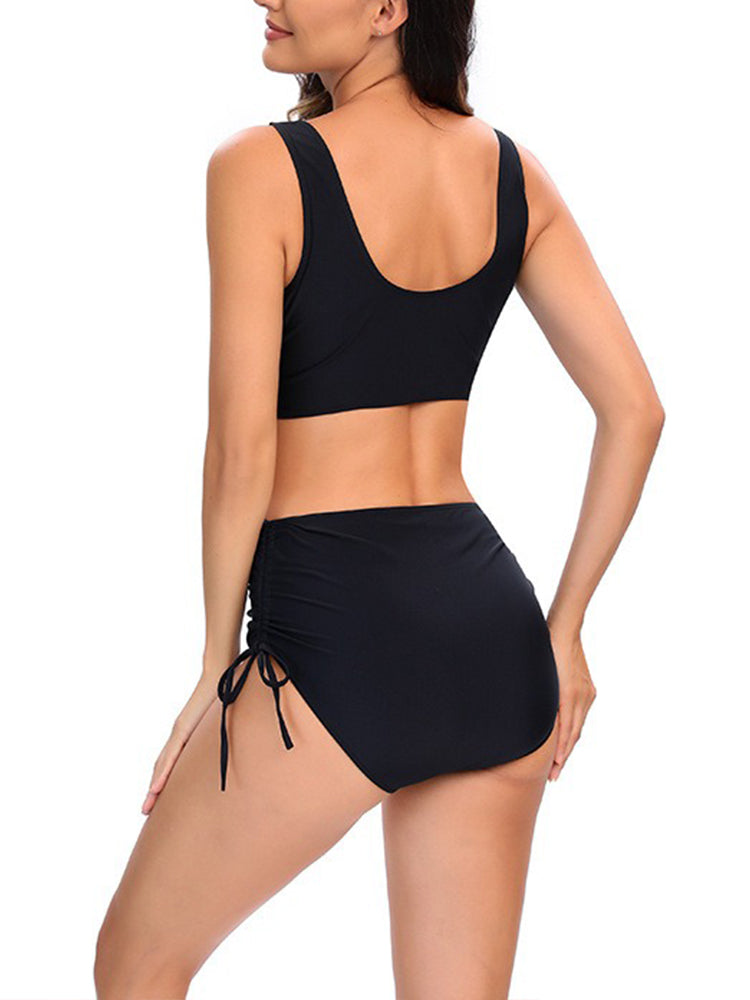 Solid Color Floral Print High-Waisted Swimsuit For Women Sexy Bikini