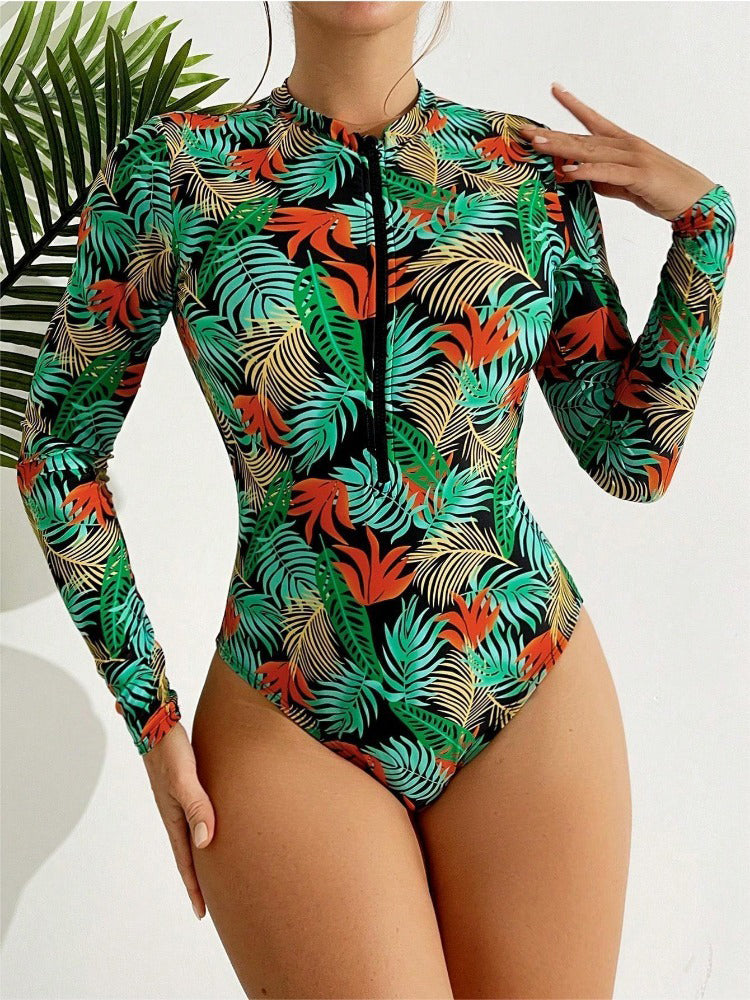 Floral Print Long-Sleeve One-Piece Swimsuit For Women Zipper Slimming Bikini