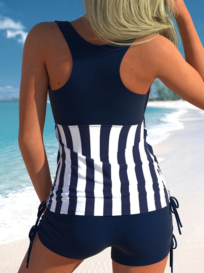 Striped Two-Piece Swimsuit For Women Sporty Tankini Halter Backless