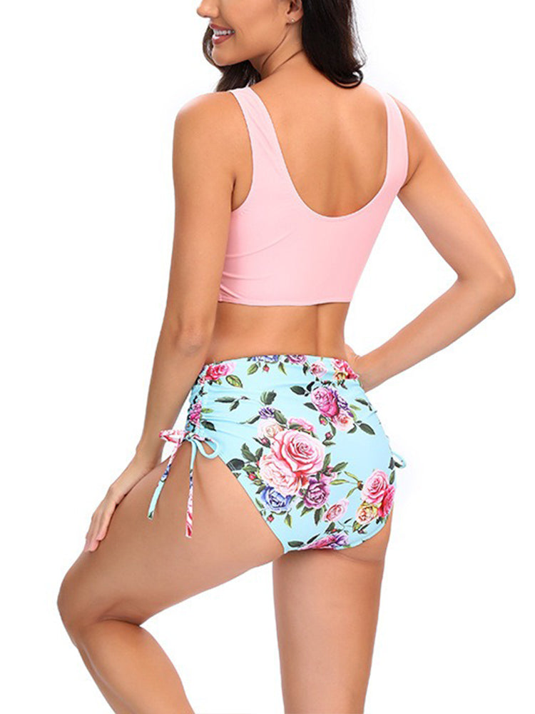 Solid Color Floral Print High-Waisted Swimsuit For Women Sexy Bikini