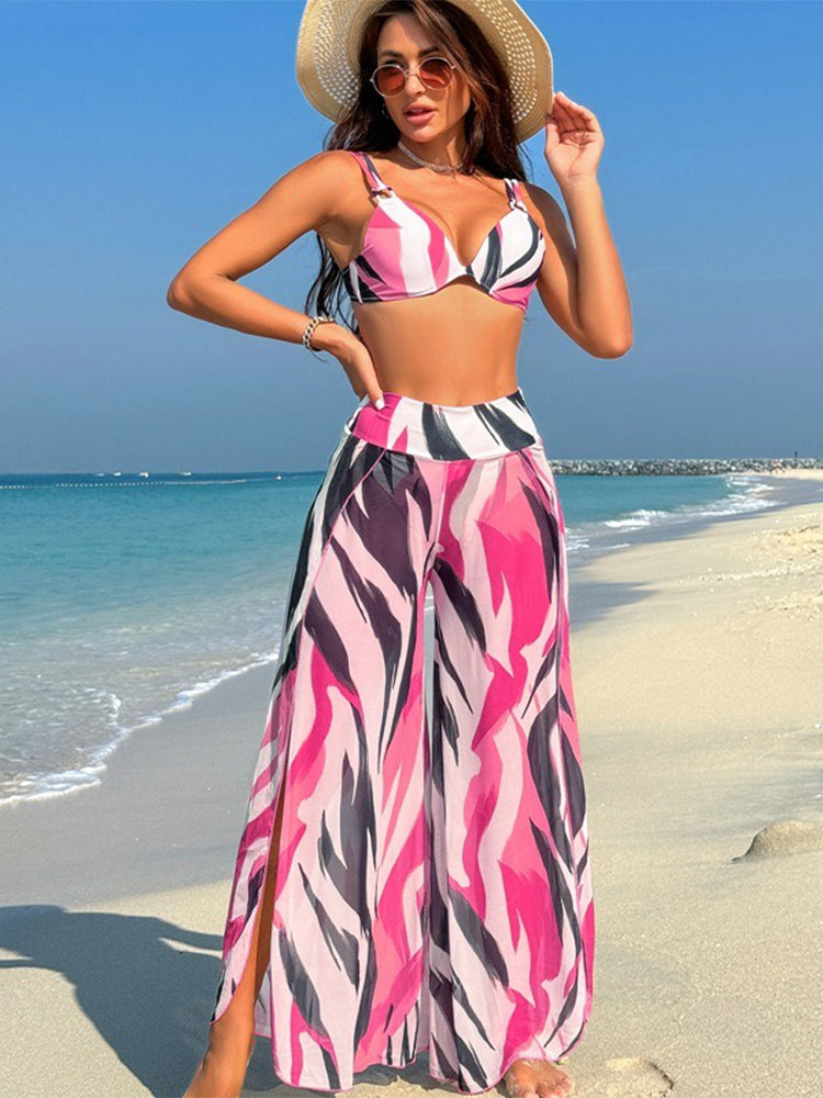 Sexy Striped Bikini Print Three-piece Set