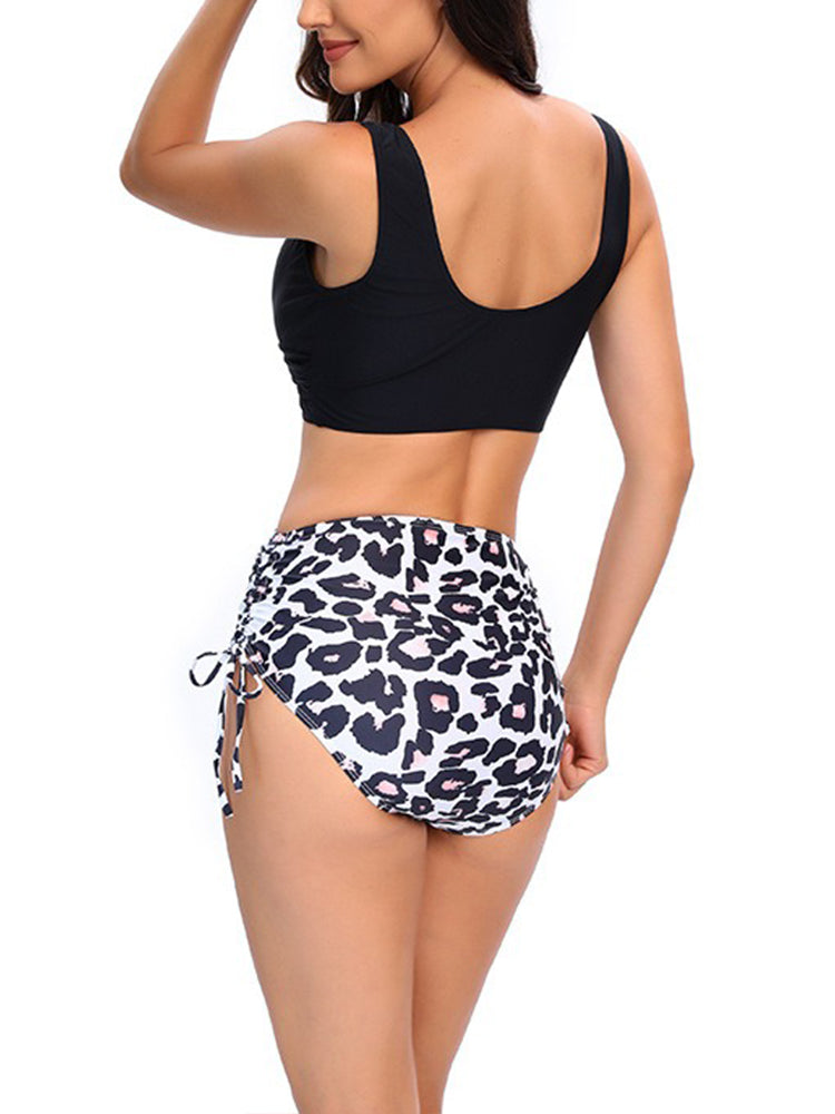 Solid Color Floral Print High-Waisted Swimsuit For Women Sexy Bikini
