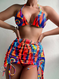 Sheer Mesh Three-Piece Bikini Set - Colorful Swimwear