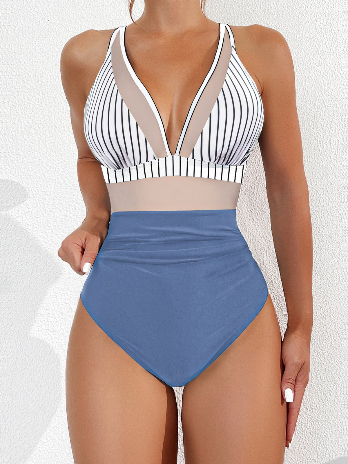 Solid Color Stripes Leopard Print Strappy Sexy One-Piece Swimsuit