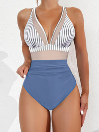 Solid Color Stripes Leopard Print Strappy Sexy One-Piece Swimsuit