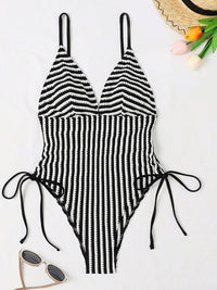 Striped One-Piece Swimsuit - Adjustable Tie-Back Design