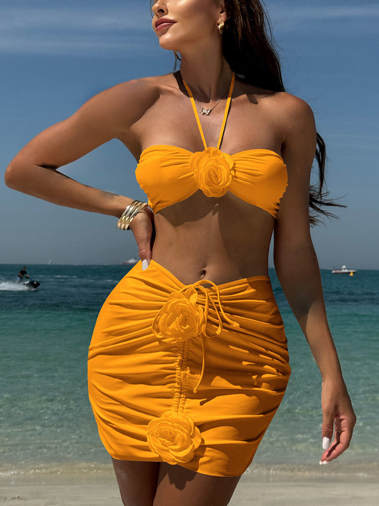 Sexy Rose Print Halter Three-Piece Swimsuit Bikini