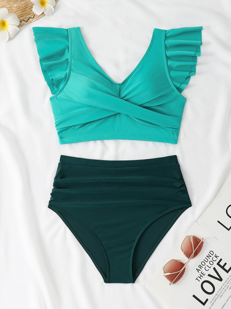 Slimming V-Neck Contrast Color Split Bikini Swimwear