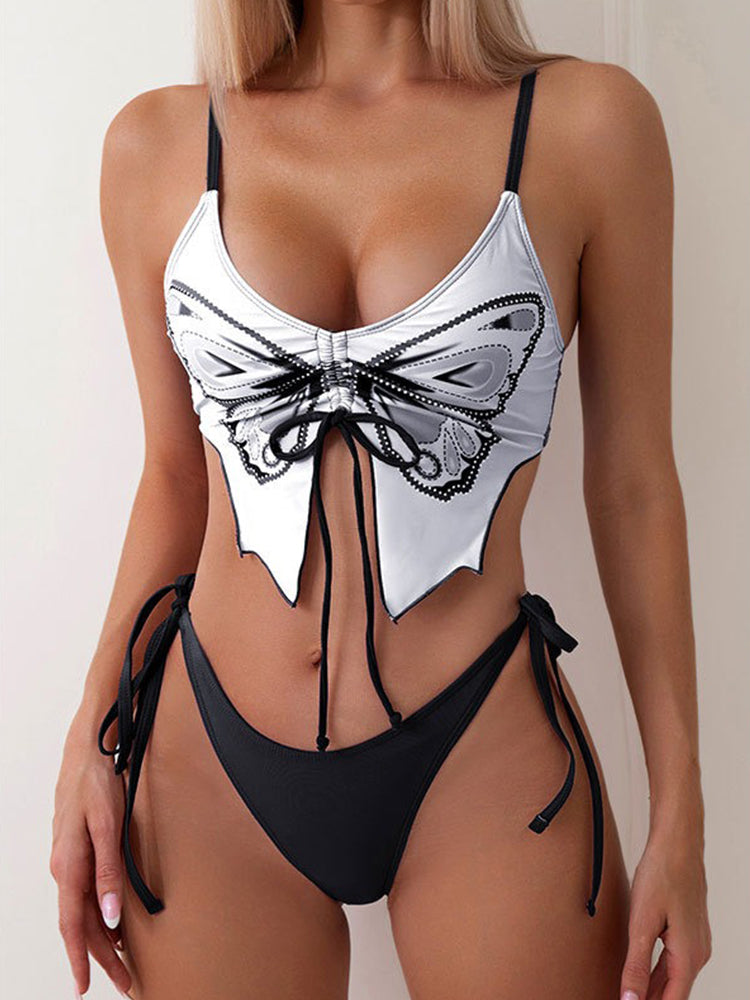 Sexy Butterfly Print Bikini Set With Backless Design