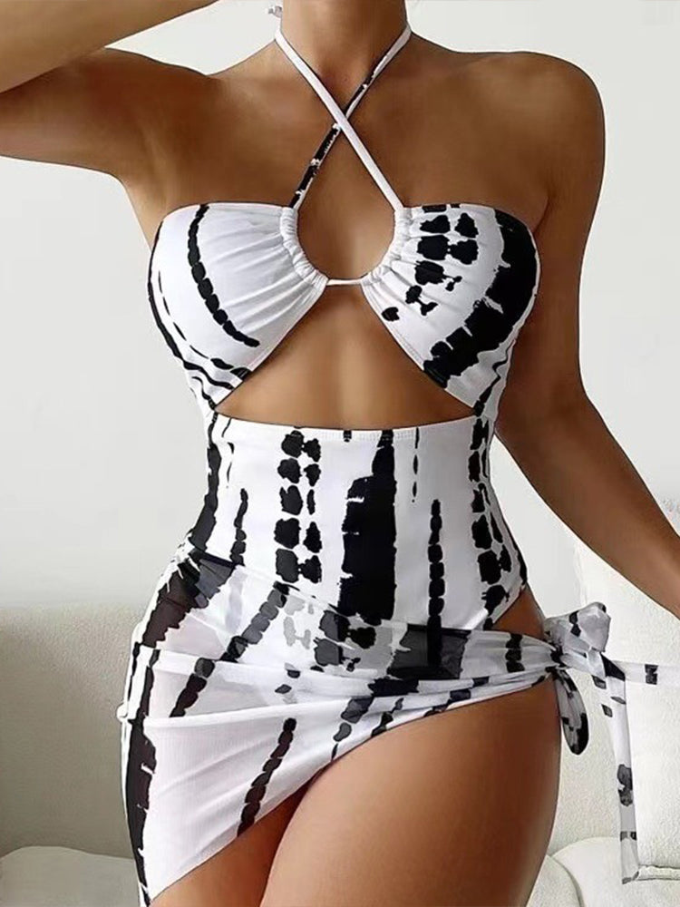 Two-Piece Mesh Tie-Dye Print Halter Swimsuit For Women