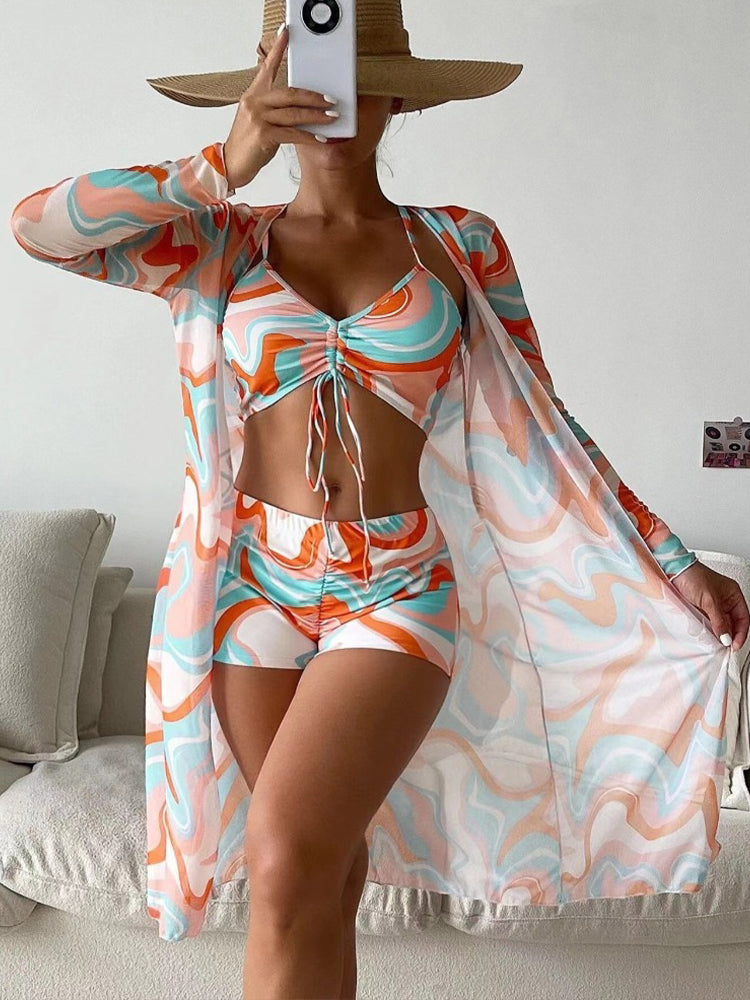 Solid Color Three-Piece Bikini Set For Women