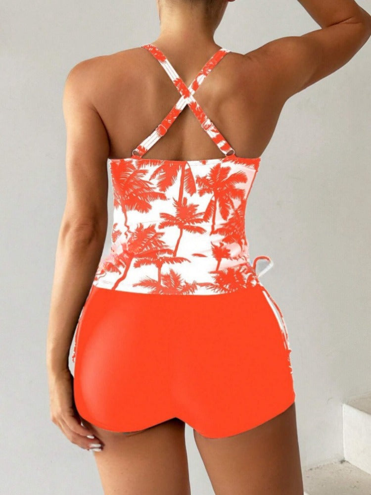 Palm Print Tie-Front Tankinis Conservative Swimsuit For Women