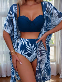 Maple Leaf Print High-Waist Bikini With Cover-Up