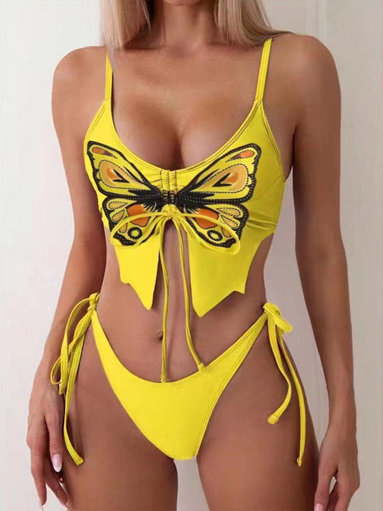 Sexy Butterfly Print Bikini Set With Backless Design