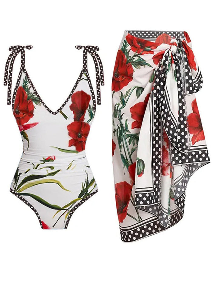 French Retro Chiffon Skirt One-Piece Swimwear Set