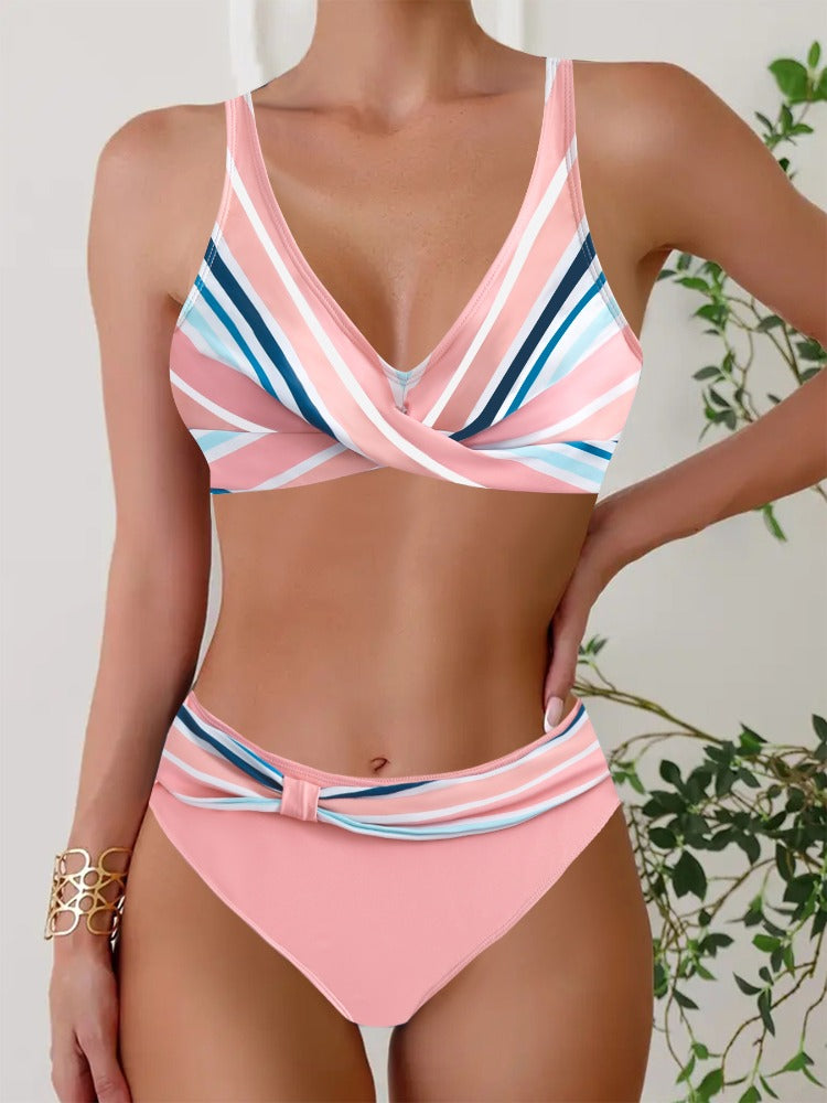 Plus Size Two-Piece Bikini Colorful Stripes Print Swimsuit