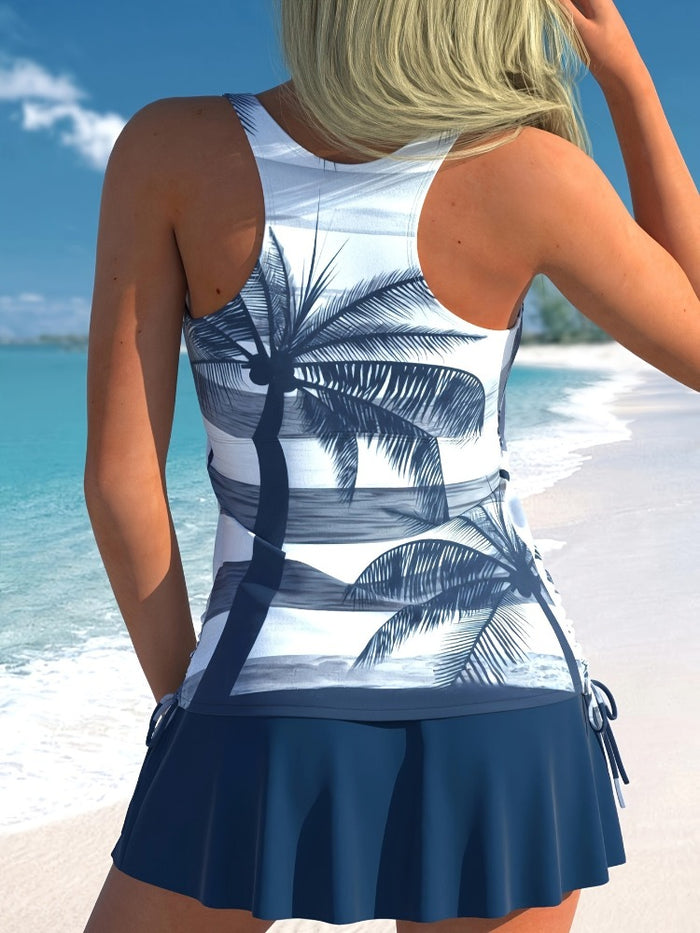 Beach Style Two-Piece Swimsuit For Women Tankini Coconut Leaf Print