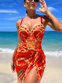 Slimming Floral Print Backless One-Piece Bikini Set with Cover Ups