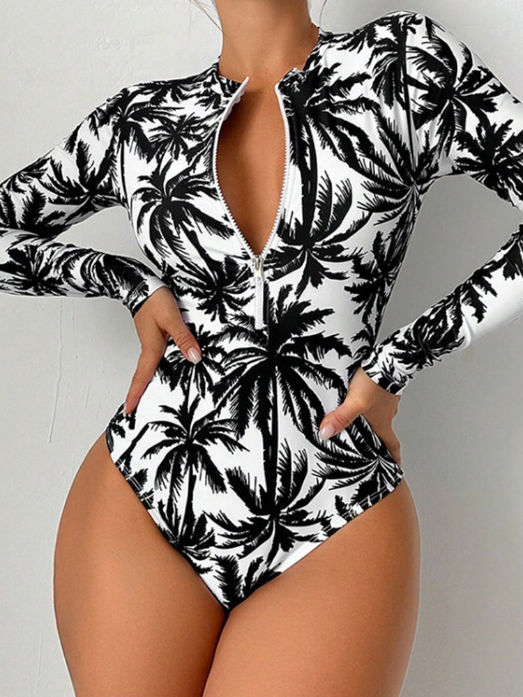 Floral Print Long-Sleeve One-Piece Swimsuit For Women Zipper Slimming Bikini