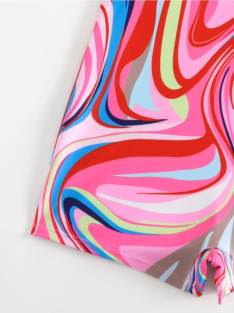 Wavy Round Neck One-Piece Swimsuit For Women Sleeveless Beach Swimwear