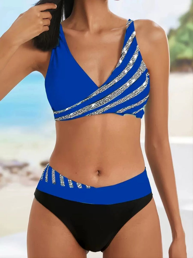 Color-Block Triangle Striped Sexy Bikini