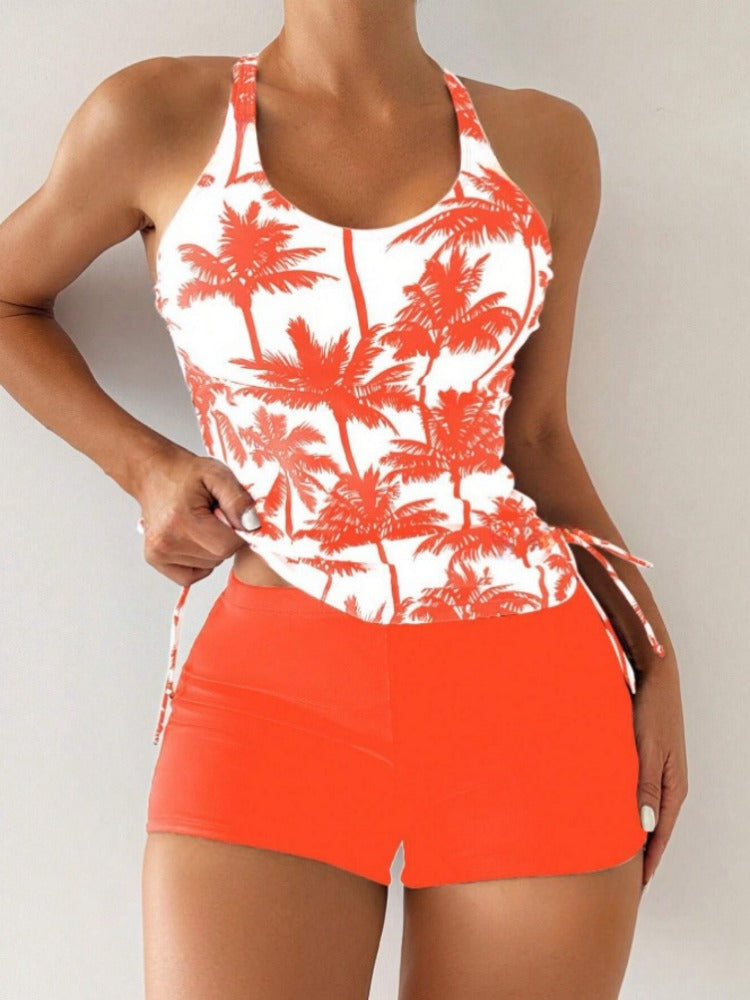 Palm Print Tie-Front Tankinis Conservative Swimsuit For Women