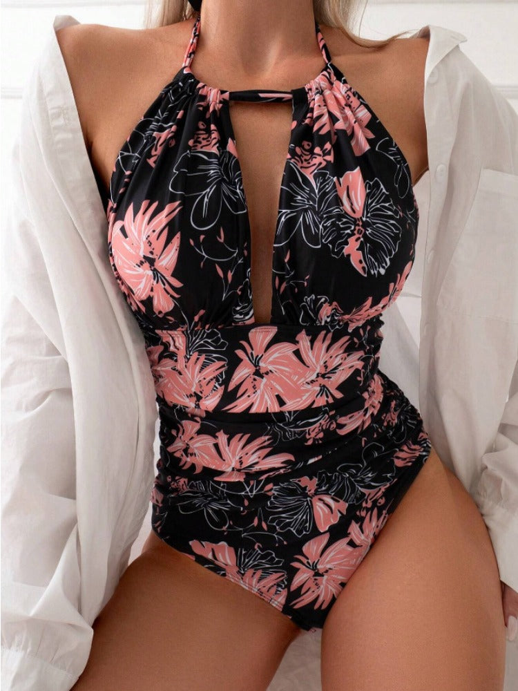 Floral Print One-Piece Bikini Swimsuit For Women Halter Bikini Swimwear